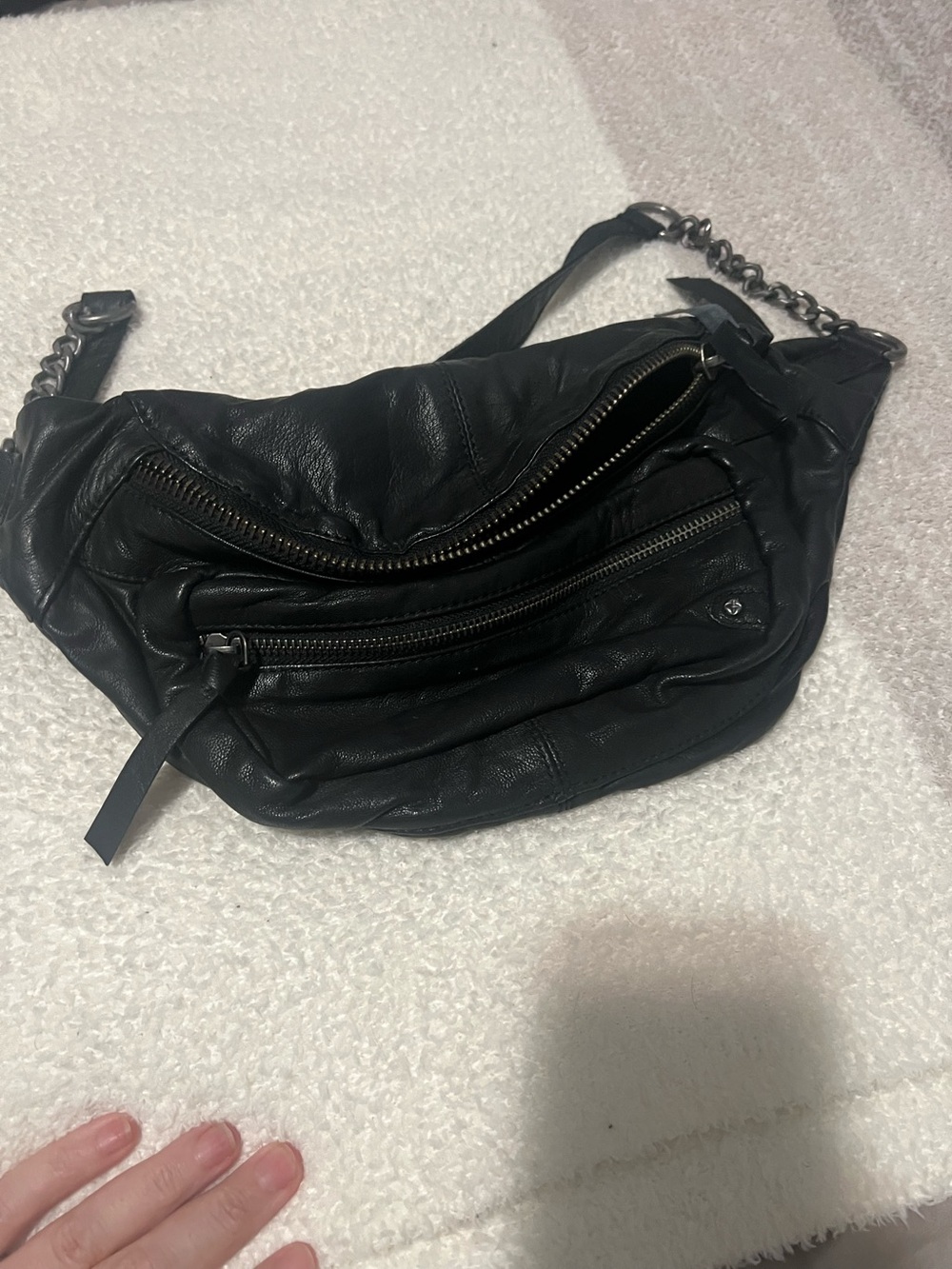 Black Leather Chain-Accent Mini Crossbody Bag